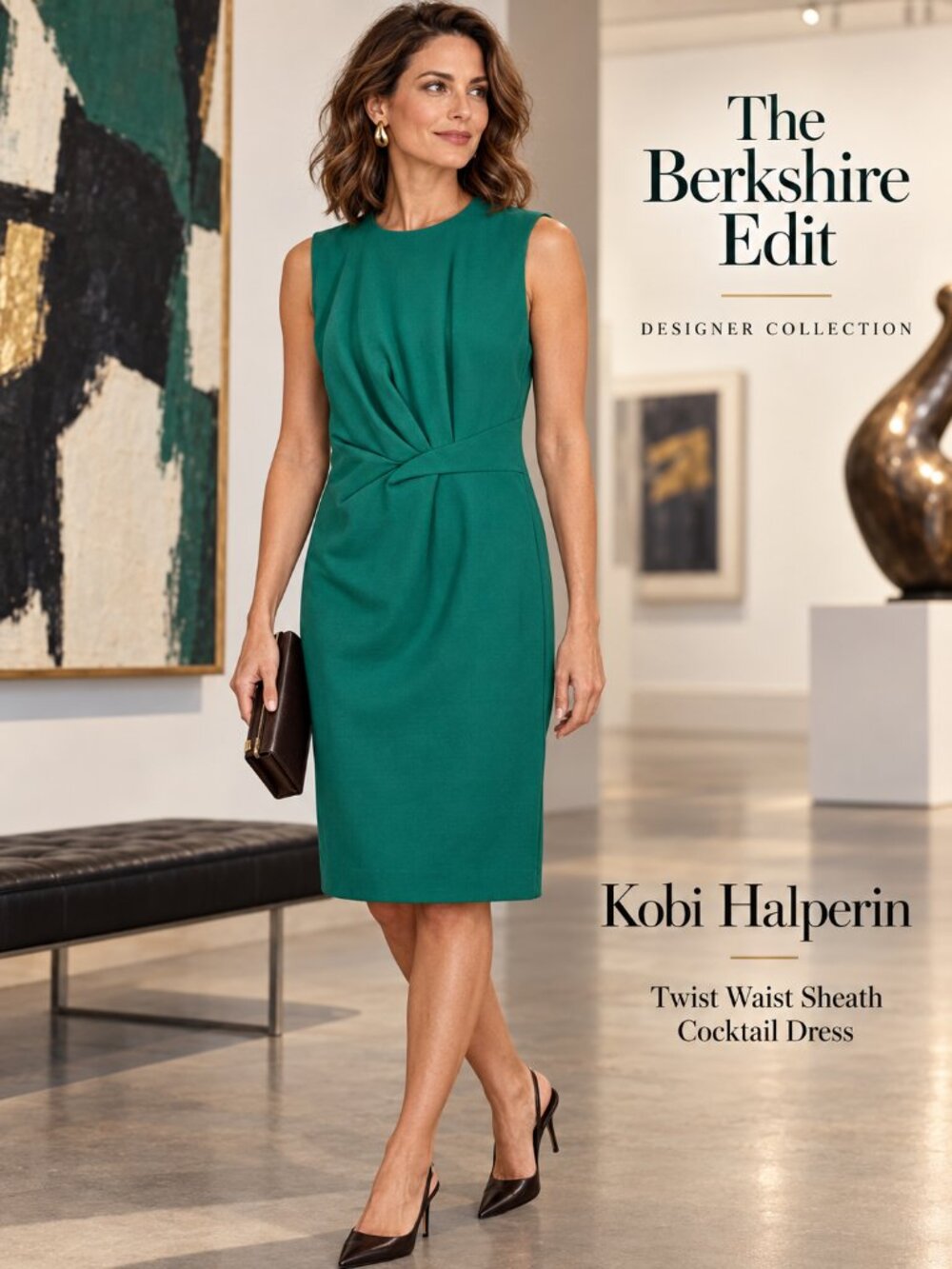 Kobi Halperin Emerald Green Twist Waist Sheath Cocktail Dress M Pockets